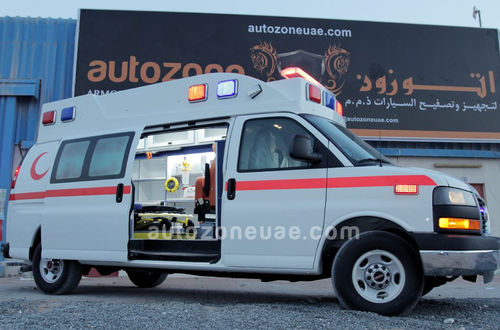 Transfer ambulance - Savana-3500 - AUTO ZONE ARMOR AND PROCESSING CARS L.L.C - type II / with oxygen therapy / automatic