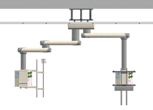 Ceiling-mounted double medical pendant - Basic IC1 - EMALED - intensive care / articulated / with shelves