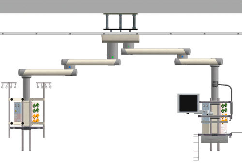 Ceiling-mounted double medical pendant - Performance IC2 - EMALED - intensive care / articulated / with shelves