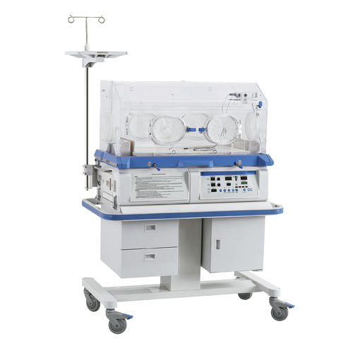 Neonatal incubator on casters - YP-970 - Ningbo David Medical Device - with storage compartment / with 4 operating windows