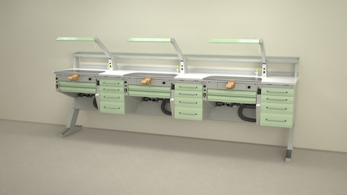 Dental laboratory workstation with shelves - PL/AR+C4+PL/AR+C4+PL/AR+C4 - ERIO - with light / with drawers