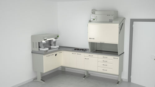 Dental laboratory workstation with hood - 8+14+18+8/FORNEL+19+2+15, E07/S+E58/G100+DE.FO - ERIO - with shelves / stainless steel