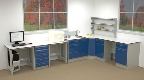 Laboratory bench with sink - ERIO - corner / with shelves