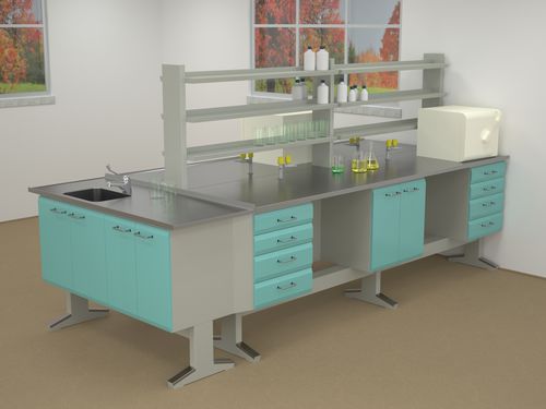 Laboratory bench with sink - ERIO - freestanding / with shelves