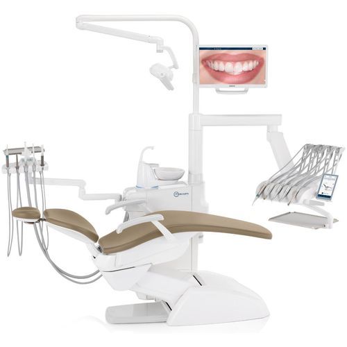 Dental unit with electric chair - F10  - Mocom - with adjustable headrest / modular / with monitor