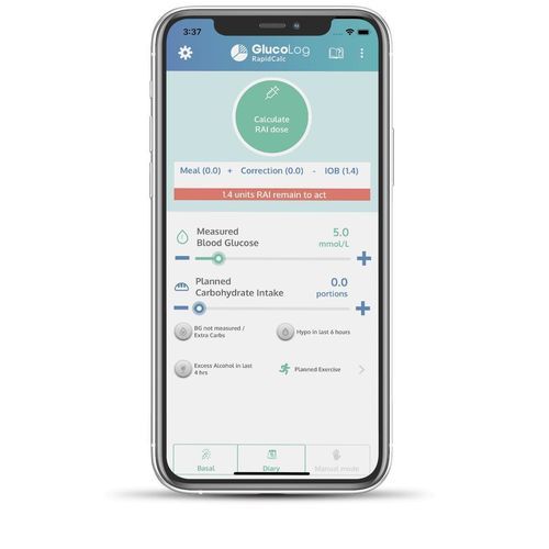 Medical mobile application - GlucoLog RapidCalc - Menarini Diagnostics - home care / data management / recording