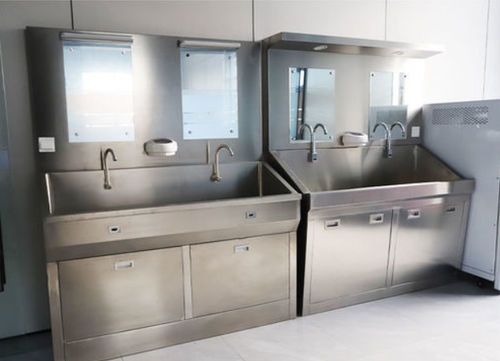 2-bay surgical sink - BSS100 - Rooe Medical - stainless steel / foot-operated / with soap dispenser