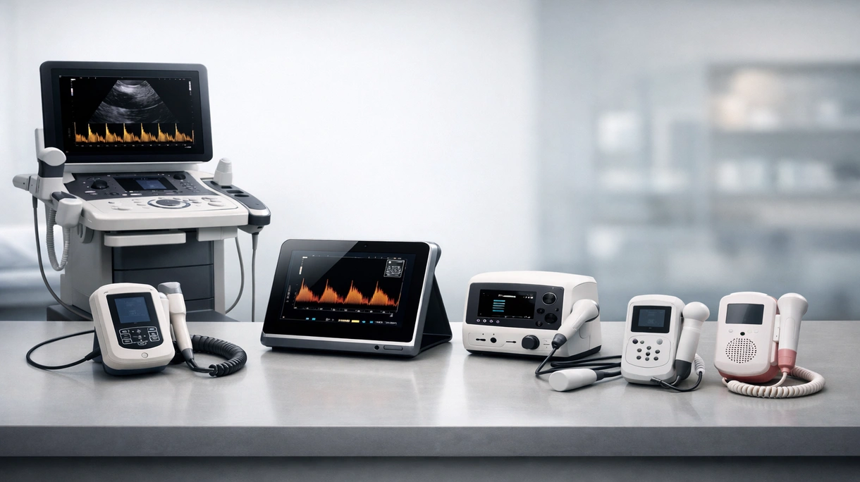 病院内でハンドヘルド型超音波ドップラー装置を使用して、患者の血管スキャンを行う専門臨床医。