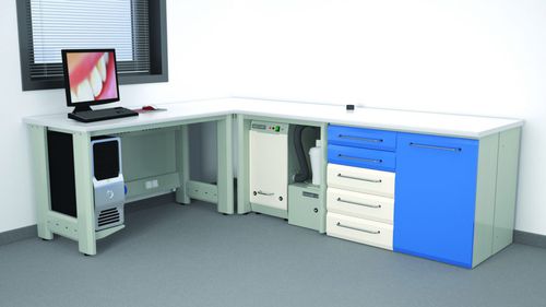 歯科研究所用ワークトップ - T/125+CORNER+T/80+W22+W7, AS/CAM1+CICLONE - ERIO - 引き出し付き / ドア付き / モジュール式