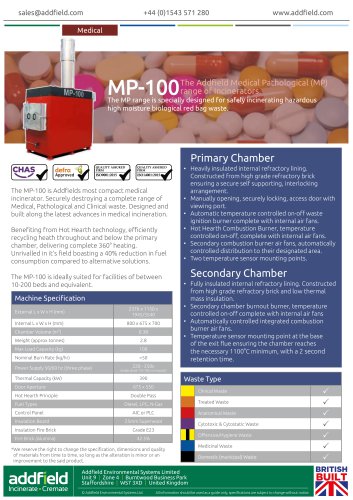 Addfield MP100 Medical Waste Incinerator Datasheet