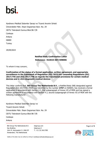 MDD/93/42 EC Certificate and NB&rsquo;s Confirmation Letter for extension according to (EU) 2023/607