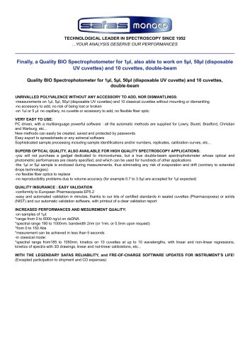 Quality BIO Spectrophotometer for 50µl disposable UV cuvettes and 10 classical cuvettes, double-beam, upgradeable for 1µl and 5µl.