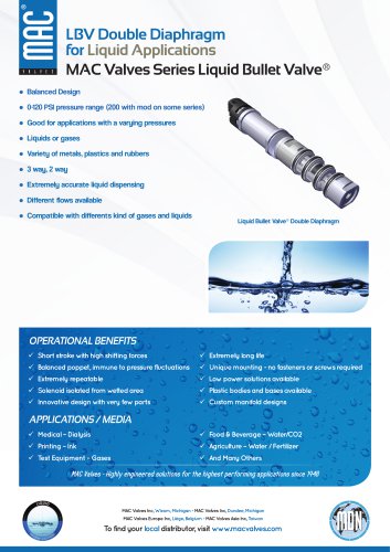 LBV Double Diaphragm for Liquid Applications MAC Valves Series Liquid Bullet Valve&reg;