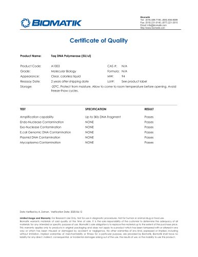 Certificate of Quality