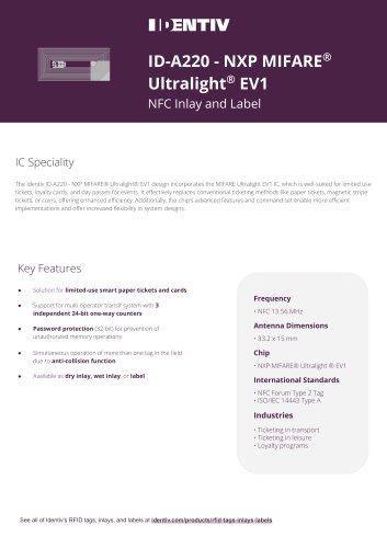 ID-A220 - NXP MIFARE&reg;  Ultralight&reg; EV1
