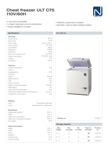 Chest freezer ULT C75 110V/60H