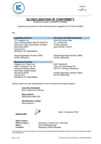 D&eacute;claration de conformit&eacute; UE pour Dia-Band Adultes