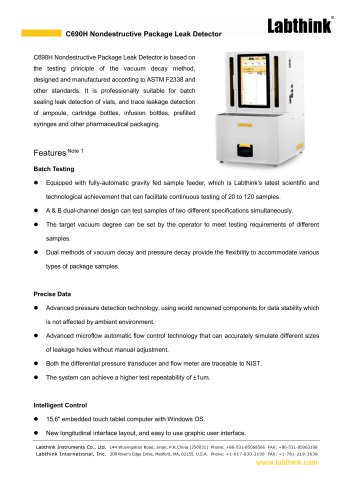 C690H Nondestructive Package Leak Tester - Mass CCIT for Pharmaceuticals (Vacuum & Pressure Decay)