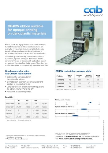 CR43W ribbon suitable for opaque printing on dark plastic materials