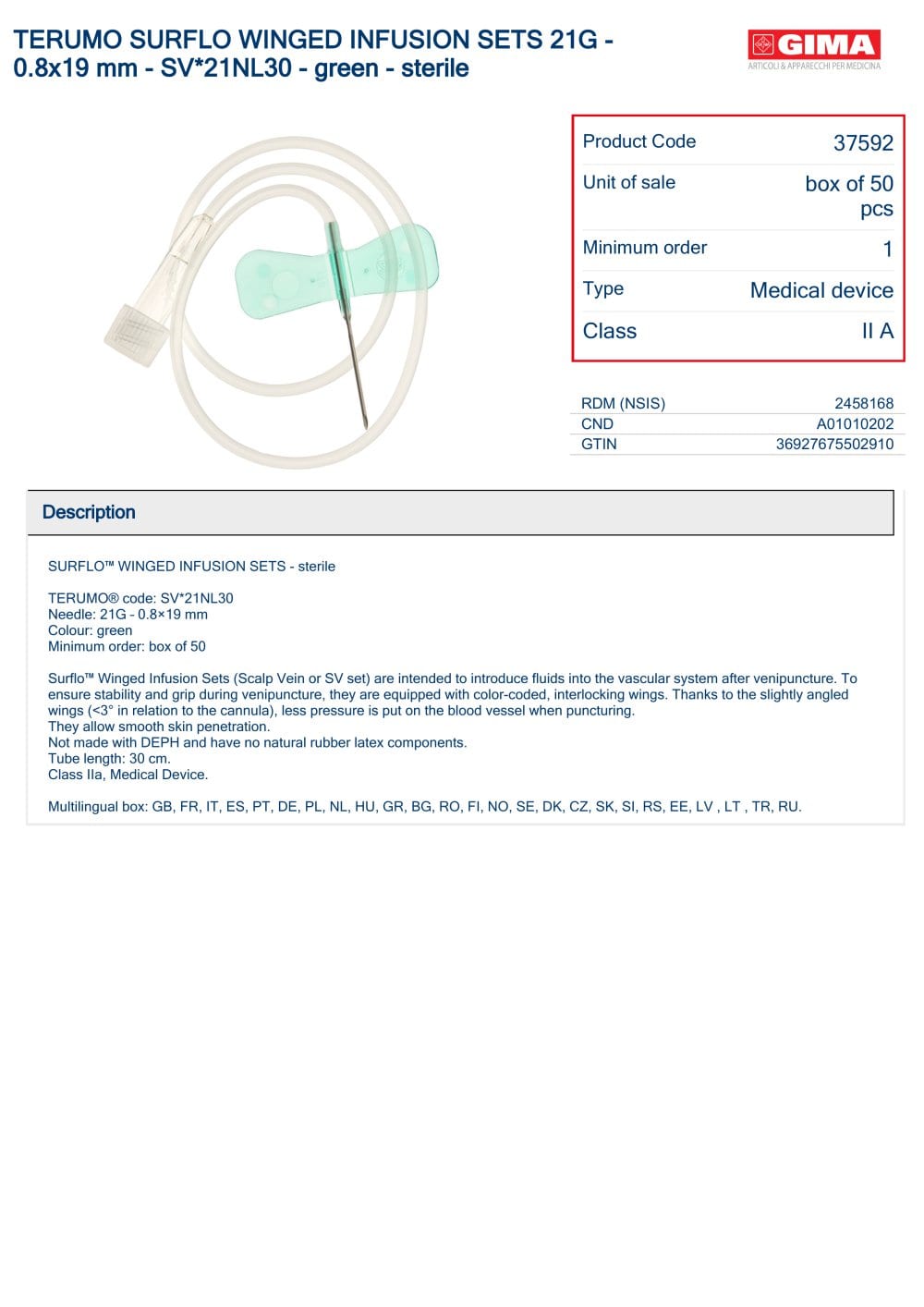 TERUMO SURFLO WINGED INFUSION SETS 21G - 0.8x19 mm - SV*21NL30 - green - sterile - GIMA
