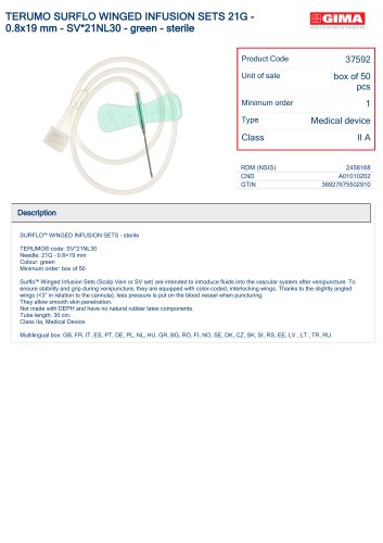 TERUMO SURFLO WINGED INFUSION SETS 21G - 0.8x19 mm - SV*21NL30 - green - sterile