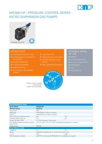NPC830 HP - PRESSURE CONTROL SERIES MICRO DIAPHRAGM GAS PUMPS