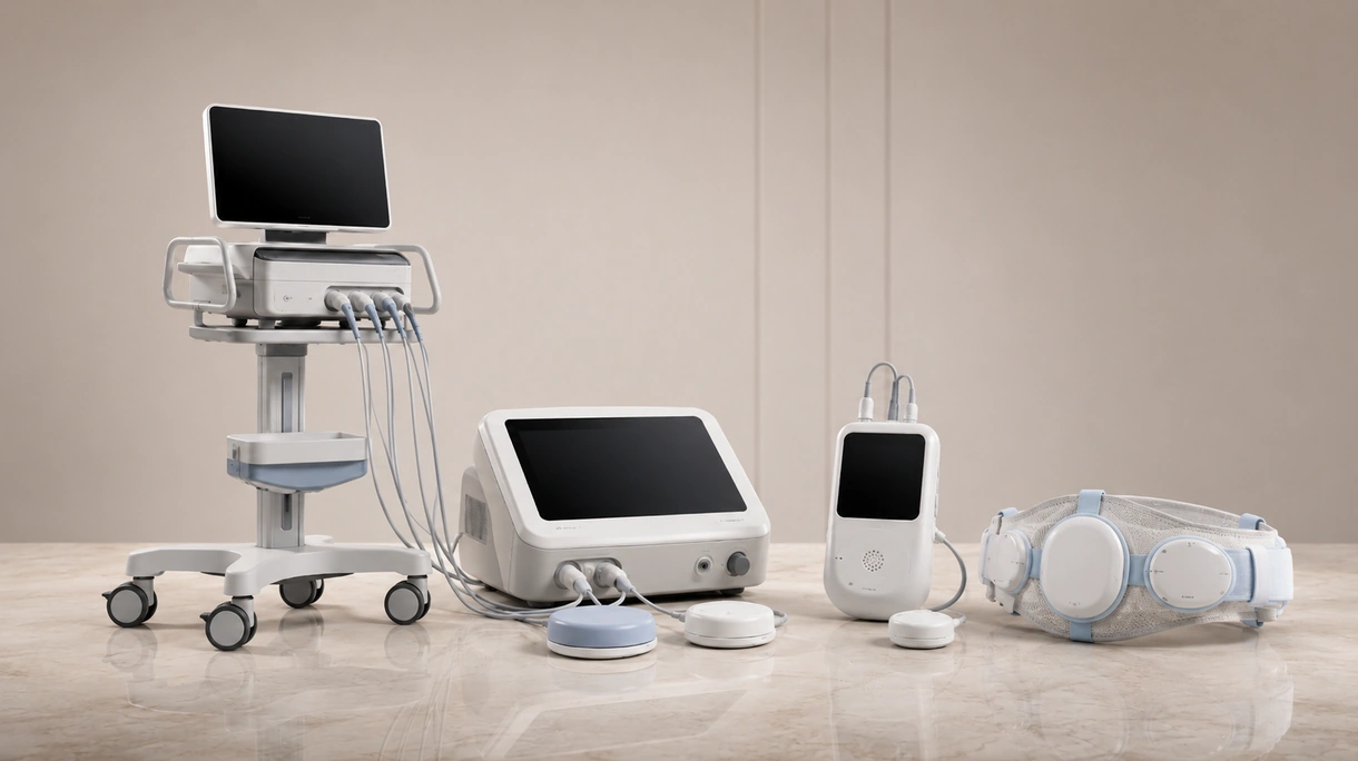 Obstetra a monitorizar a frequência cardíaca fetal num ecrã de cabeceira profissional durante um procedimento clínico num bloco de partos.