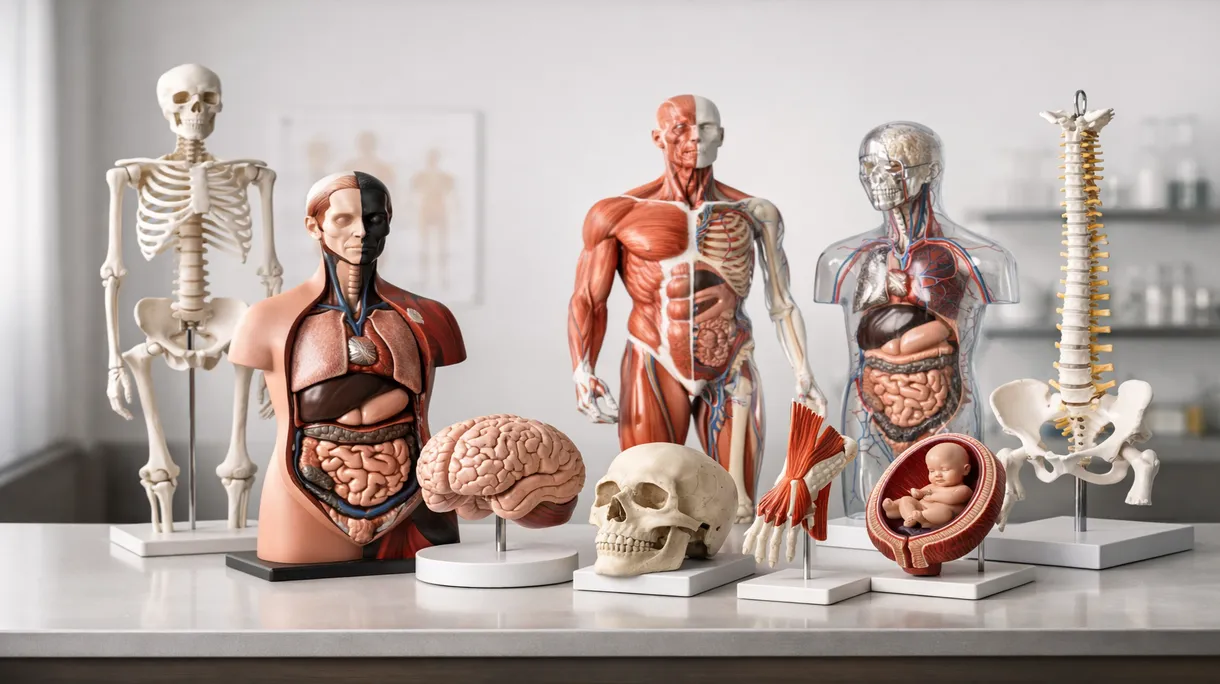 Estudantes de medicina a examinar um modelo de esqueleto humano em tamanho real durante uma sessão de formação avançada em anatomia clínica num laboratório.