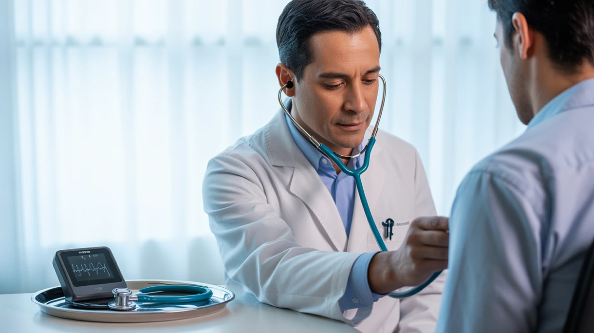 Um cardiologista num ambiente clínico a utilizar um estetoscópio de alta qualidade para realizar um exame cardíaco a um doente num hospital.