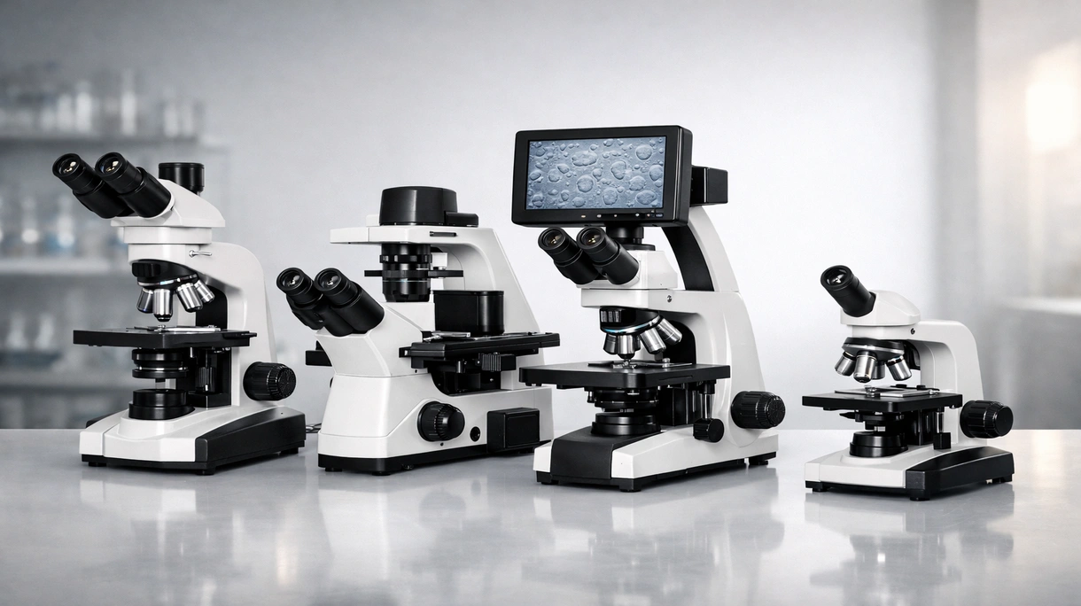 Técnico de laboratório a utilizar um microscópio com contraste de fase para examinar culturas de células vivas num ambiente de investigação médica estéril.