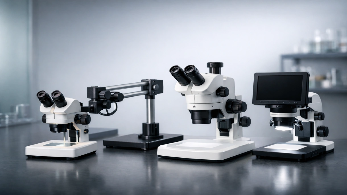 Cirurgião a utilizar um estereomicroscópio médico para microcirurgia num bloco operatório hospitalar estéril com configuração ergonómica.