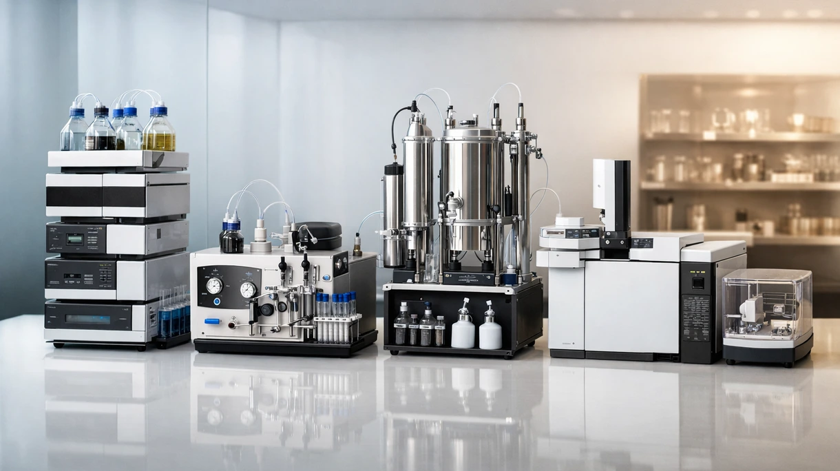 Técnico de laboratório clínico a carregar amostras de pacientes num sistema de cromatografia líquida automatizado num ambiente estéril.