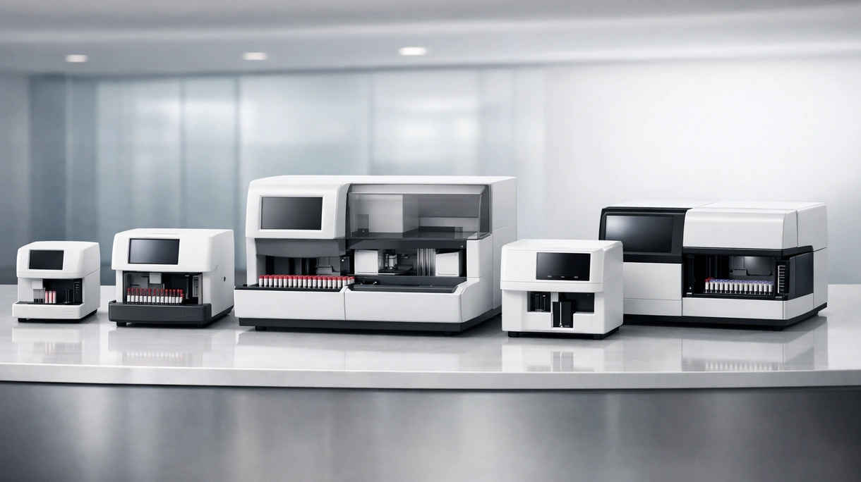 Profissional de laboratório a carregar amostras de sangue num analisador hematológico automatizado num ambiente hospitalar clínico moderno.
