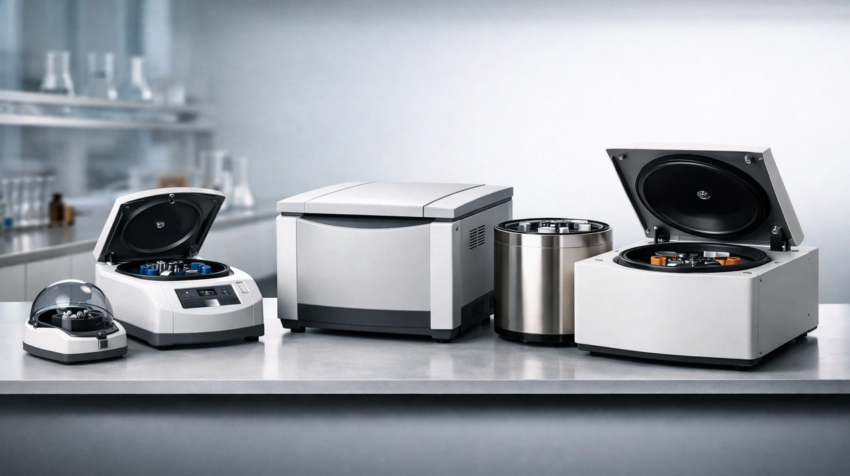 Técnico de laboratório a colocar amostras de sangue numa centrífuga de bancada refrigerada numa instalação de diagnóstico clínico moderna.