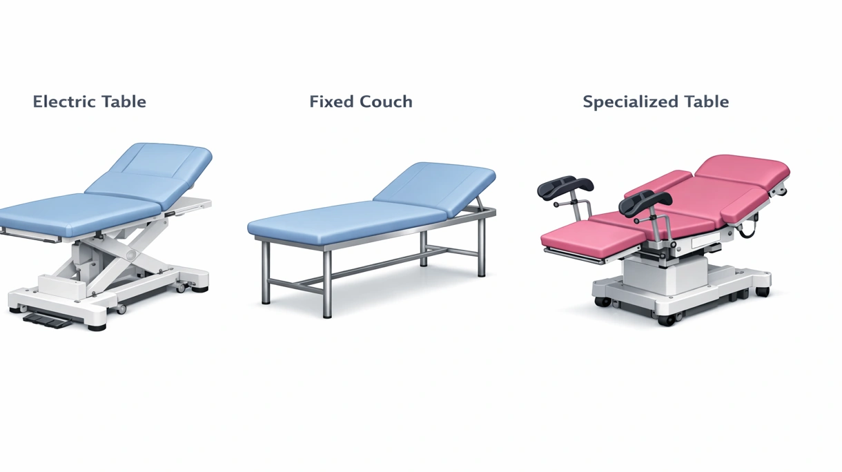 Grande plano de estofamento de grau médico sem costuras e controlos de ajuste integrados numa mesa de exame hidráulica profissional para controlo de infeções.