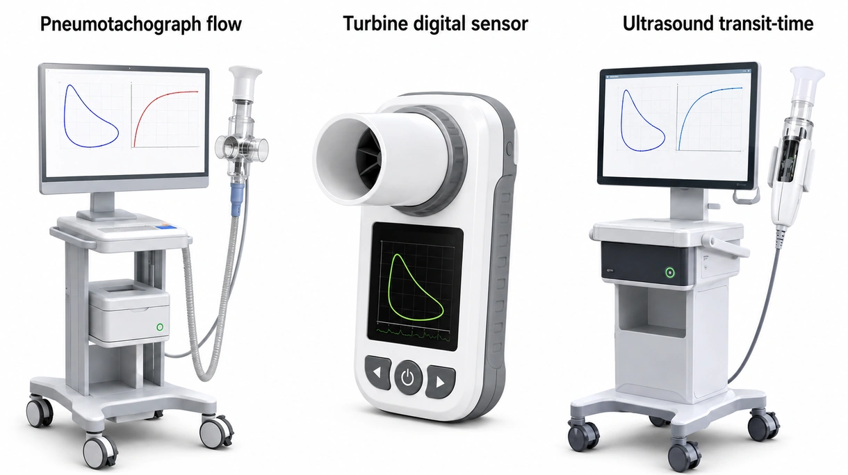 Vista em grande plano de um sensor de turbina de um espirômetro digital, mostrando os componentes internos de precisão para uma medição rigorosa do fluxo de ar.