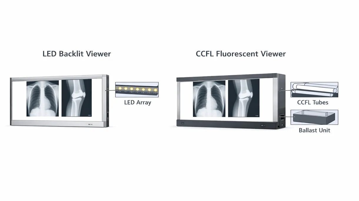 Vista macro da matriz LED uniforme e do mecanismo ergonómico de rolos de fixação num dispositivo negatoscópio médico de qualidade profissional.