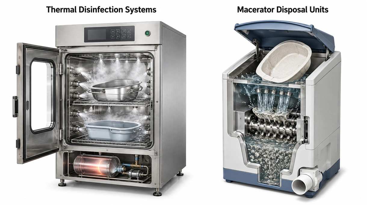 Grande plano dos bicos interiores em aço inoxidável e sensores de desinfeção térmica dentro de uma unidade automática de lavagem desinfetadora de comadres médica.