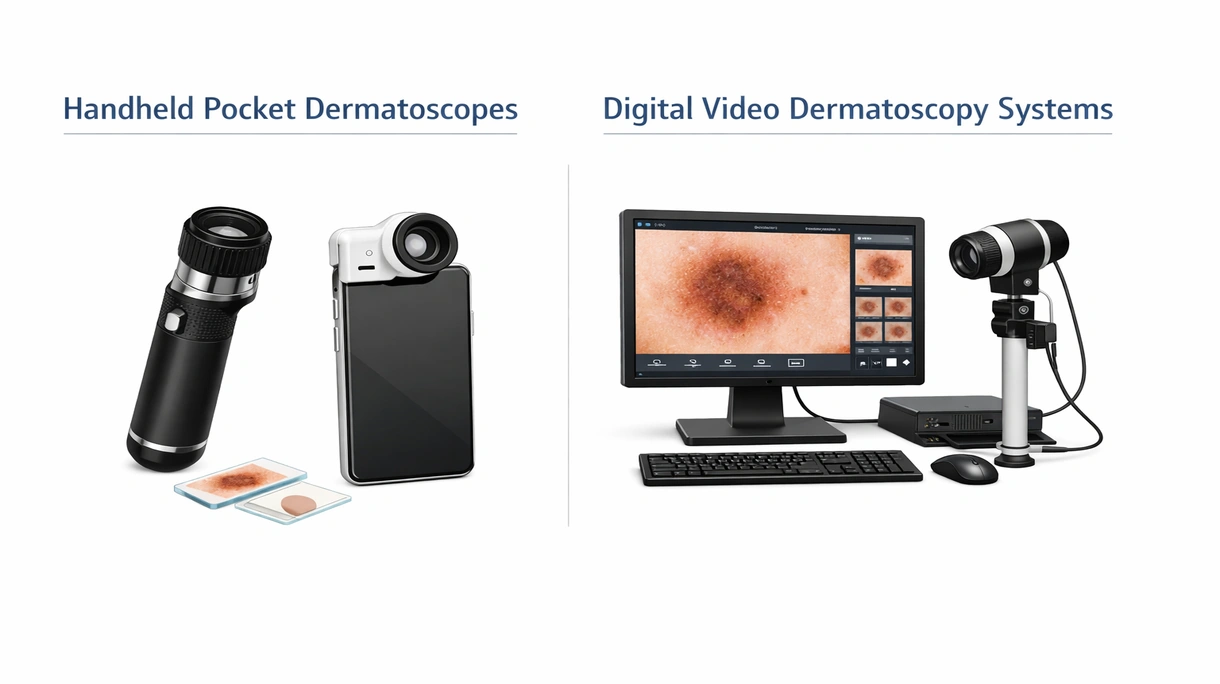 Grande plano técnico do sistema de lentes de um dermatoscópio de alta resolução, mostrando a iluminação LED interna e componentes ópticos de precisão.