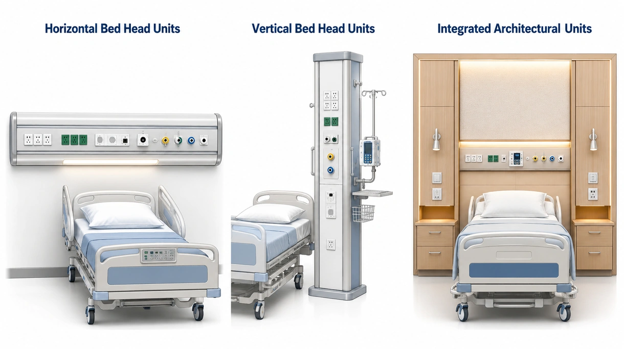 Detalhe técnico de uma régua de gases medicinais modular, apresentando tomadas elétricas, conectores de gases medicinais e especificações de acabamento de superfície antimicrobiana.
