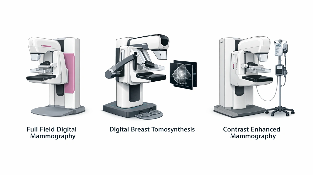 Grande plano detalhado de um tubo de raios-X e de uma pá de compressão de um mamógrafo digital, demonstrando a engenharia de precisão para imagiologia mamária clínica.