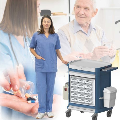 Carrinho para distribuição de medicamentos - Pegasus Medical Concepts - para gerontologia / para tela / para porta-comprimidos