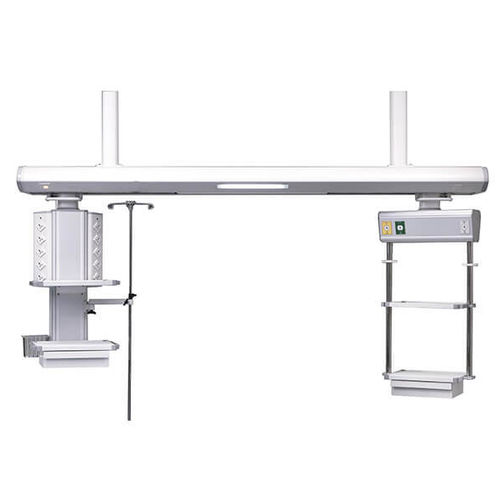 Estativa-pórtico de teto - AMCAREMED TECHNOLOGY - para cuidados intensivos / com prateleiras / com coluna