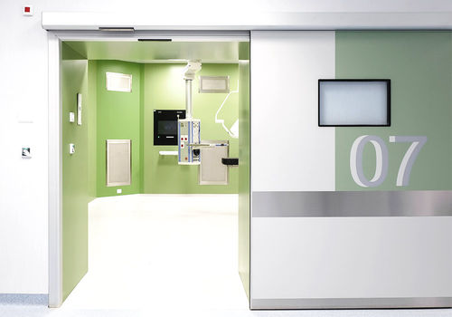 Porta de proteção radiológica - H-SAVTS series - LABEL S.p.A. - para hospital / de correr / em aço inoxidável