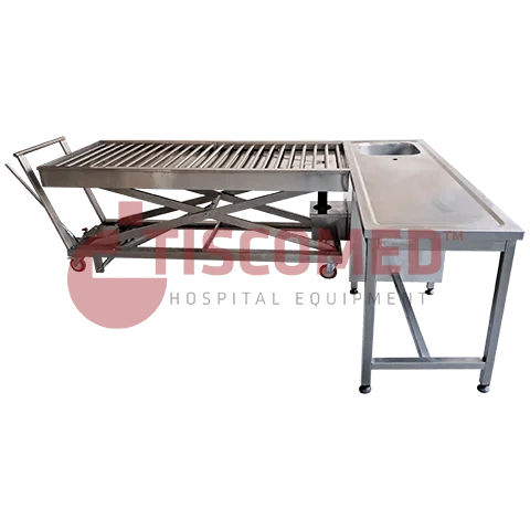 Mesa de lavagem de cadáveres - TOMU 6220 - Tiscomed - em L / hidráulica / em aço inoxidável