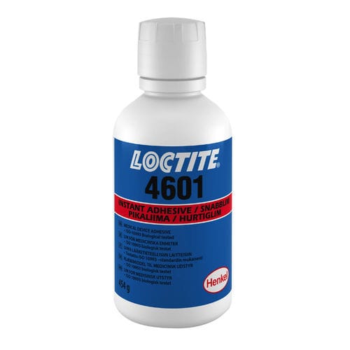Cola de montagem médica de cianoacrilato - LOCTITE® 4601 - Henkel - para dispositivos médicos descartáveis / para borracha / para metais