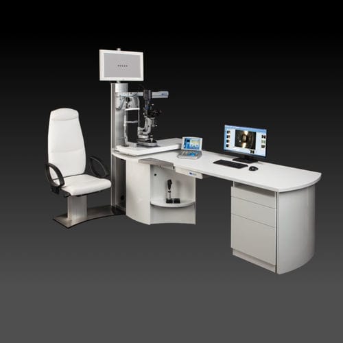 Estação de trabalho de oftalmologia - HS-1410 - Haag-Streit Diagnostics - com cadeira / com prateleiras / com monitor