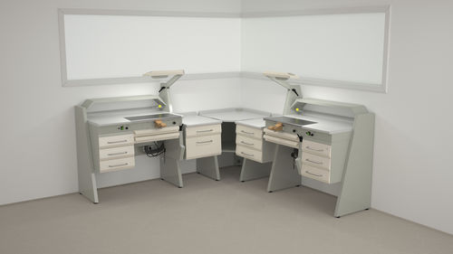 Estação de trabalho para laboratório dentário com prateleiras - SOLE1/I+SOBF+SOFT+SOANG+SOFT+SOB3+SOLE1 - ERIO - com iluminação / com gavetas / compacta