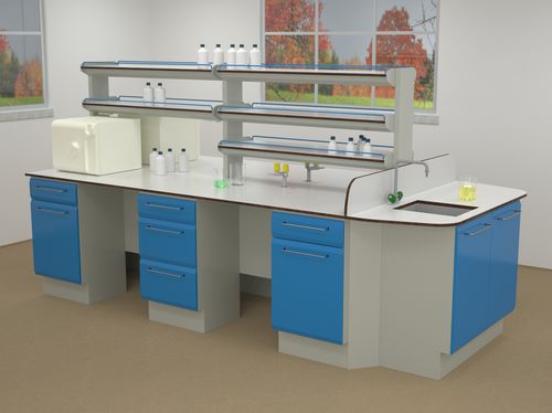 Bancada técnica de laboratório com pia - ERIO - freestanding / peninsular / com prateleiras
